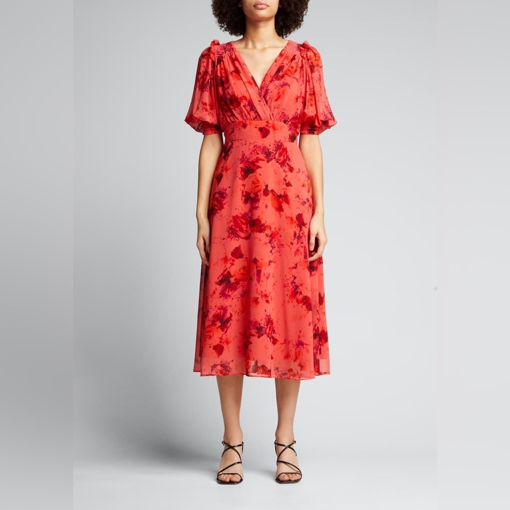 RICKIE FREEMAN FOR TERI JON Puff-Sleeve Shirred Surplice Chiffon Dress Size 8
